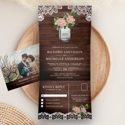 ウッド素朴ダスティピンクのローズメイソンジャールレース結婚ズ 三つ折り招待状
