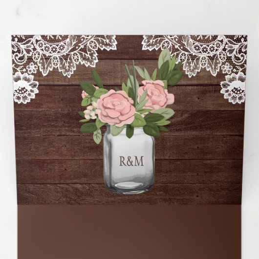 ウッド素朴ダスティピンクのローズメイソンジャールレース結婚ズ 三つ折り招待状 (内部最初)