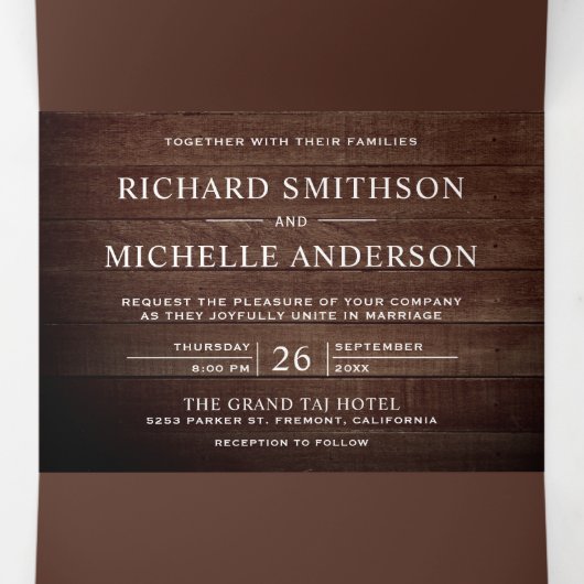 ウッド素朴ダスティピンクのローズメイソンジャールレース結婚ズ 三つ折り招待状 (内部中)