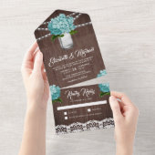 ウッド素朴ティール（緑がかった色）あじさいアメイソンジャー結婚ズ オールインワン招待状 (貼ってはがせる)