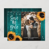 ウッド素朴ティール（緑がかった色）ひまわり結婚の写真 セーブザデート (正面/裏面)