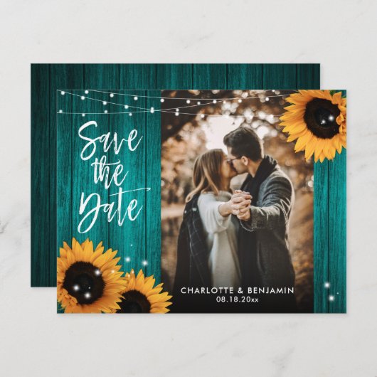 ウッド素朴ティール（緑がかった色）ひまわり結婚の写真 セーブザデート (正面/裏面)