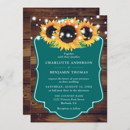 ウッド素朴ティール(緑がかった色)ひまわり結婚式招待状 招待状 (正面/裏面)