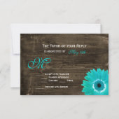 ウッド素朴ティール(緑がかった色)ガーベラデイジーウェディングRSVPカード 出欠カード (正面)