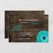 ウッド素朴ティール（緑がかった色）ガーベラデイジーウェディングRSVPカード 出欠カード (正面/裏面)