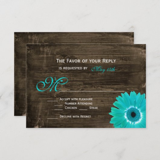 ウッド素朴ティール（緑がかった色）ガーベラデイジーウェディングRSVPカード 出欠カード (正面/裏面)