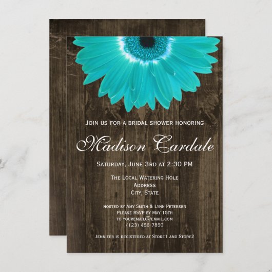 ウッド素朴ティール(緑がかった色)デイジーブライダルシャワー招待 招待状 (正面/裏面)