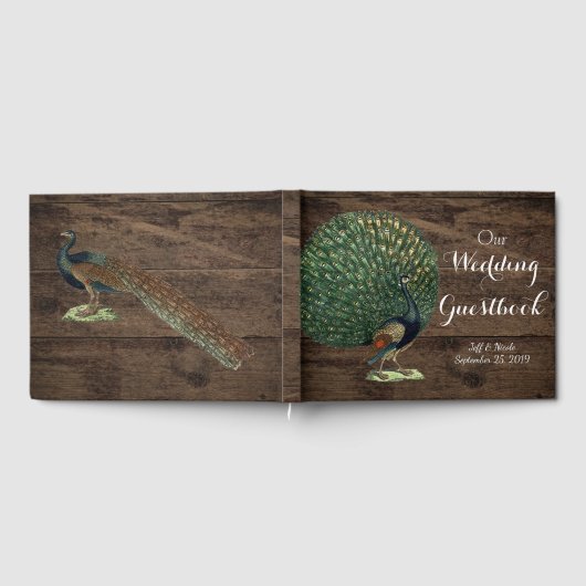ウッド素朴ティール（緑がかった色）フェザーピーコッ結婚クス ゲストブック (全面)