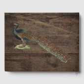 ウッド素朴ティール（緑がかった色）フェザーピーコッ結婚クス ゲストブック (裏面)