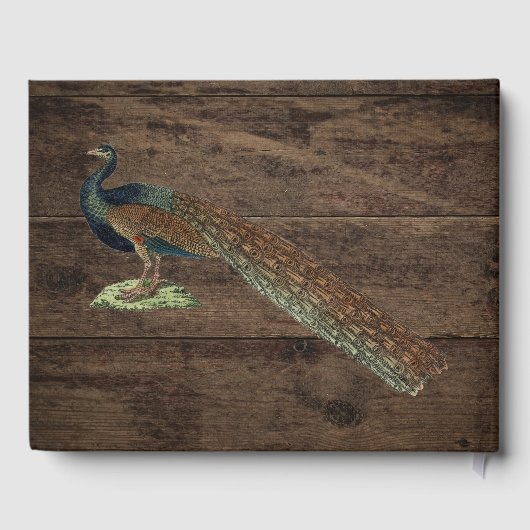 ウッド素朴ティール（緑がかった色）フェザーピーコッ結婚クス ゲストブック (裏面)