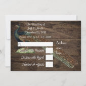 ウッド素朴ティール（緑がかった色）フェザーピーコッ結婚クズカード 招待状 (裏面)