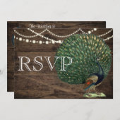 ウッド素朴ティール（緑がかった色）フェザーピーコッ結婚クズカード 招待状 (正面/裏面)