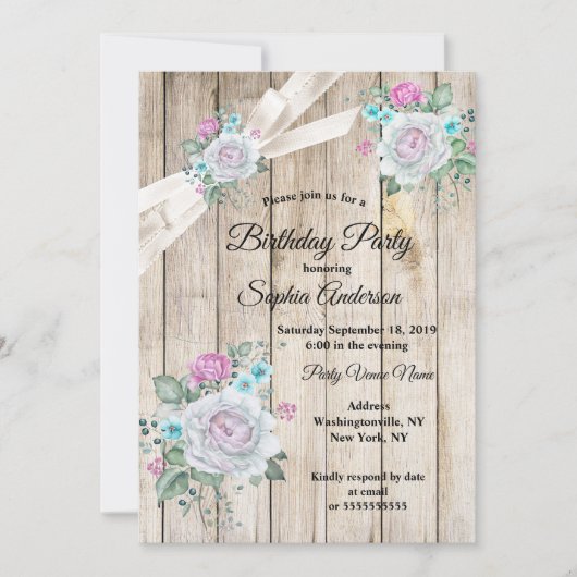 ウッド素朴ティール(緑がかった色)ブルーフローラピンクバースデーパーティー 招待状 (正面)