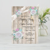 ウッド素朴ティール(緑がかった色)ブルーフローラピンクバースデーパーティー 招待状 (スタンド正面)