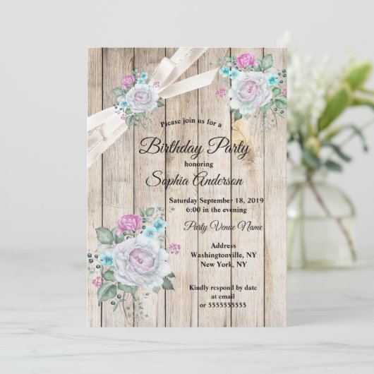 ウッド素朴ティール(緑がかった色)ブルーフローラピンクバースデーパーティー 招待状 (スタンド正面)