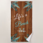 ウッド素朴ティール(緑がかった色)ブルーモダンパームライフのビーチC ビーチタオル (正面)