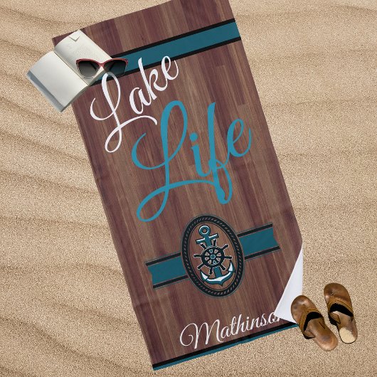 ウッド素朴ティール（緑がかった色）ブルーレイクライフモノグラムの ビーチタオル