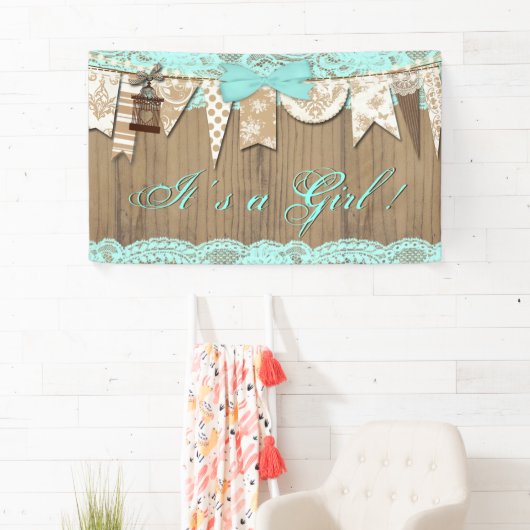 ウッド素朴ティール（緑がかった色）ブルーレースガールベビーシャワー 横断幕 (インサイチュ)