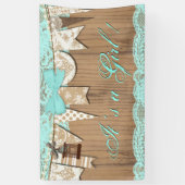 ウッド素朴ティール(緑がかった色)ブルーレースガールベビーシャワー 横断幕 (縦)