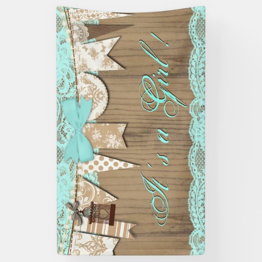 ウッド素朴ティール（緑がかった色）ブルーレースガールベビーシャワー 横断幕 (縦)