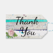 ウッド素朴ティール(緑がかった色)、ホワイトとピンクのローズありがとう ギフトタグ (正面(横))