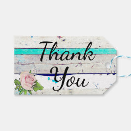 ウッド素朴ティール（緑がかった色）、ホワイトとピンクのローズありがとう ギフトタグ