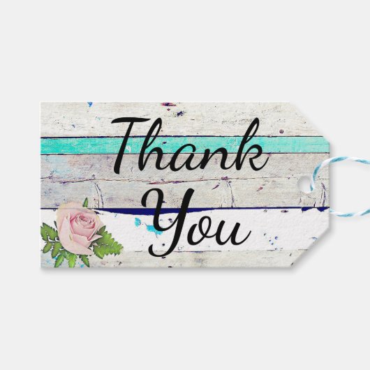 ウッド素朴ティール(緑がかった色)、ホワイトとピンクのローズありがとう ギフトタグ (正面(横))