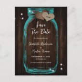 ウッド素朴ティール(緑がかった色)メイスンジャールウェディング日付を保存 案内ポストカード (正面)