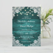 ウッド素朴ティール(緑がかった色)レースストリングラ結婚イト 招待状 (スタンド正面)