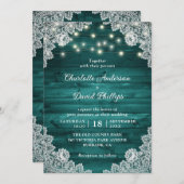 ウッド素朴ティール(緑がかった色)レースストリングラ結婚イト 招待状 (正面/裏面)