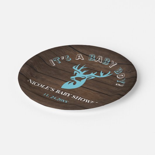 ウッド素朴テーマブルーディアー男の赤ちゃんシャワー ペーパープレート (アングル)