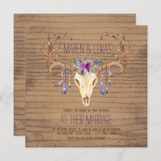 ウッド素朴ディアアントラースカルサウスウエスタン結婚ズ 招待状 (正面/裏面)