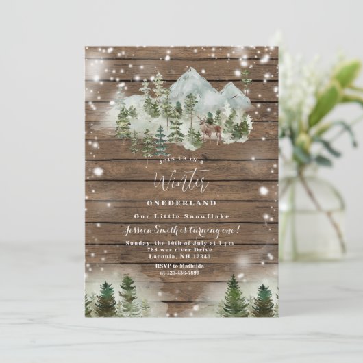 ウッド素朴ディアウィンターオネダーランド1歳の誕生日 招待状 (スタンド正面)