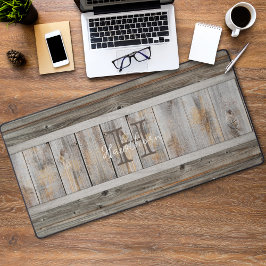 ウッド素朴トーングレーモノグラムストライプ デスクマット