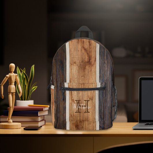 ウッド素朴トーンストライプモノグラムプリントバックパック プリントバックパック