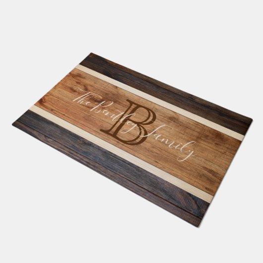 ウッド素朴トーンモノグラムストライプデザイン ドアマット (アングル)