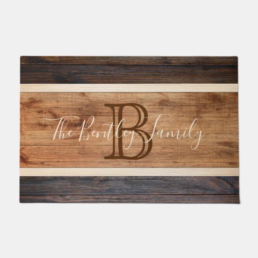 ウッド素朴トーンモノグラムストライプデザイン ドアマット (正面)