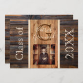 ウッド素朴トーンモノグラムストライプ卒業 招待状 (正面/裏面)