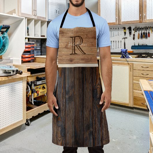 ウッド素朴トーンモノグラムタンとブラウンエプロン エプロン