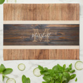 ウッド素朴トーンモノグラム横ストライプ線タン キッチンタオル (折り畳み)