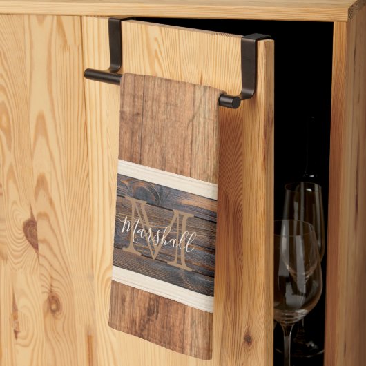 ウッド素朴トーンモノグラム横ストライプ線タン キッチンタオル (三つ折り)