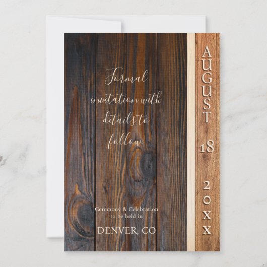 ウッド素朴トーン日付のカー結婚ドを保存 招待状 (裏面)