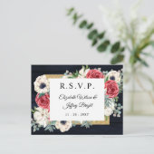 ウッド素朴ネイビーバーグンディ金ゴールドフローラRSVP インビテーションポストカード (スタンド正面)