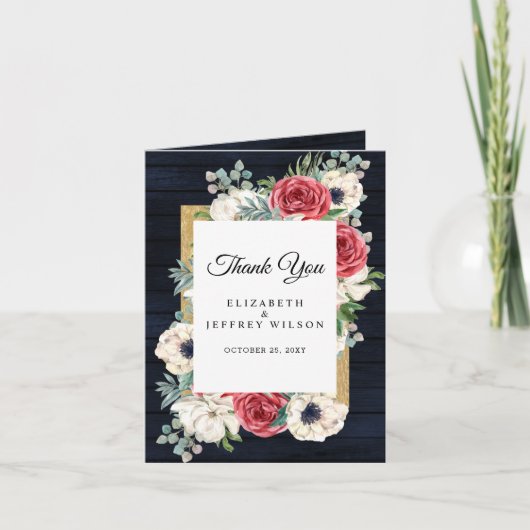 ウッド素朴ネイビーブルゴーニュ金ゴールドサンキューカード 招待状 (正面)