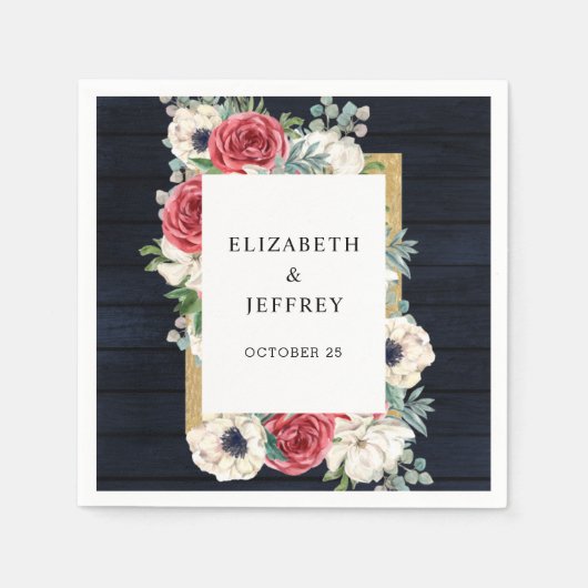 ウッド素朴ネイビーブルゴーニュ金ゴールドフローラ結婚ズ スタンダードカクテルナプキン (正面)