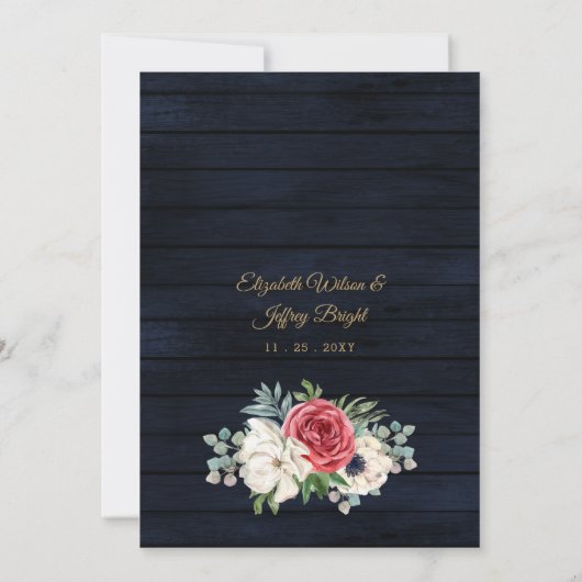 ウッド素朴ネイビーブルゴーニュ金ゴールドフローラ結婚ズ 招待状 (裏面)