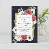 ウッド素朴ネイビーブルゴーニュ金ゴールド婚約パーティ 招待状 (スタンド正面)