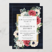 ウッド素朴ネイビーブルゴーニュ金ゴールド婚約パーティ 招待状 (正面/裏面)