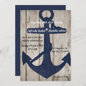 ウッド素朴ネイビーブルーいかり航海の結婚ズ 招待状 (正面/裏面)