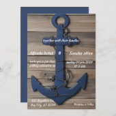 ウッド素朴ネイビーブルーいかり航海の結婚ズ 招待状 (正面/裏面)